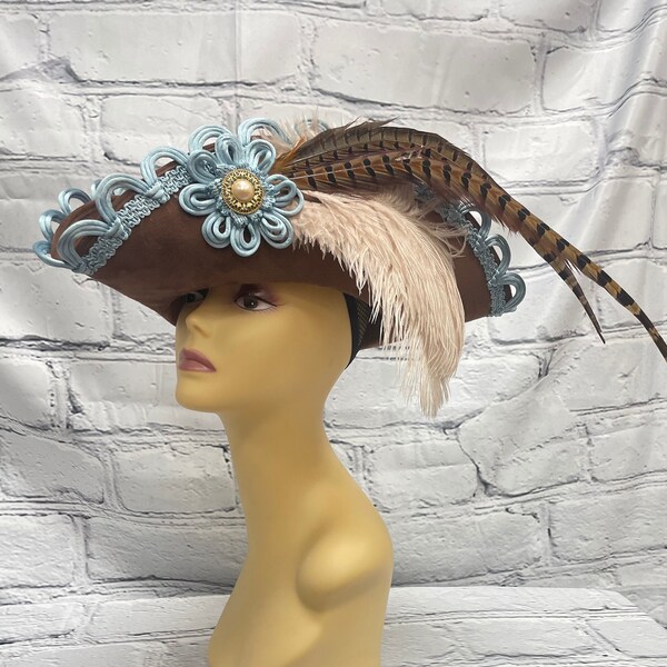 Chapeau pirate marron/bleu LT, tricorne, chapeau Renaissance, chapeau pirate Halloween paon, chapeau pirate Gasparilla, chapeau steampunk chapeau Jack Sparrow