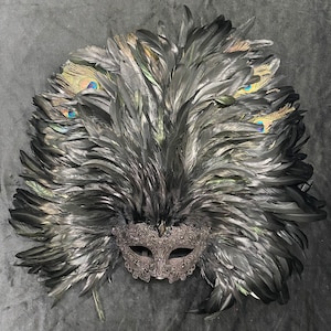 EXTRA LARGE | Feathered Venetian Mardi Gras Masquerade Mask | Black Purple Gold Green