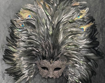 EXTRA LARGE | Feathered Venetian Mardi Gras Masquerade Mask | Black Purple Gold Green