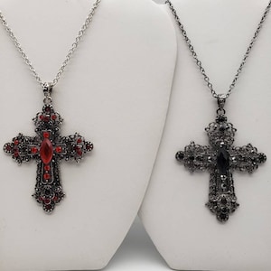 Gothic Cross Necklace Pendant Red Black Silver