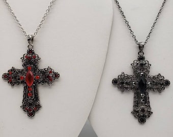 Gothic Cross Necklace Pendant Red Black Silver