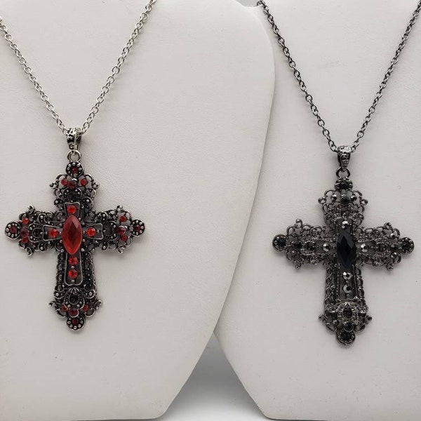 Gothic Cross Necklace Pendant Red Black Silver