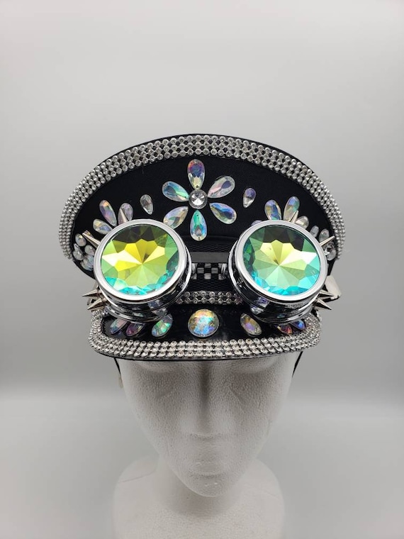 Steampunk Hat with Iridescent Goggles - Silver Spike Trim Sequin Captain Hat With Silver Spike Goggles White  main image 4