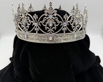 Filigree King's/Queens Crown | Dark Silver with AB Rhinestones | King Prince Medieval Renaissance Cosplay Photoshoot 24 inch around