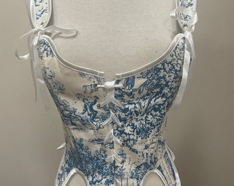 Floral Toile Schnürung Überbrust-Korsett | Renaissance-Kostüm