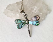 vintage sterling abalone dragonfly pendant necklace