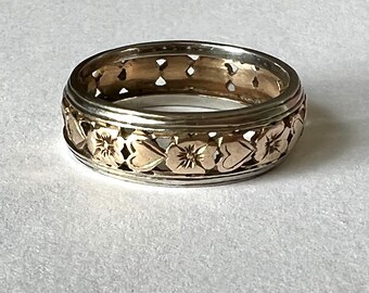 vintage 10k bicolor gold flower and heart band, size 7.75