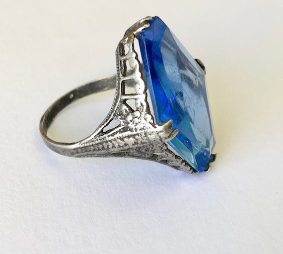 antique edwardian filigree blue glass ring size 6.75 Gem