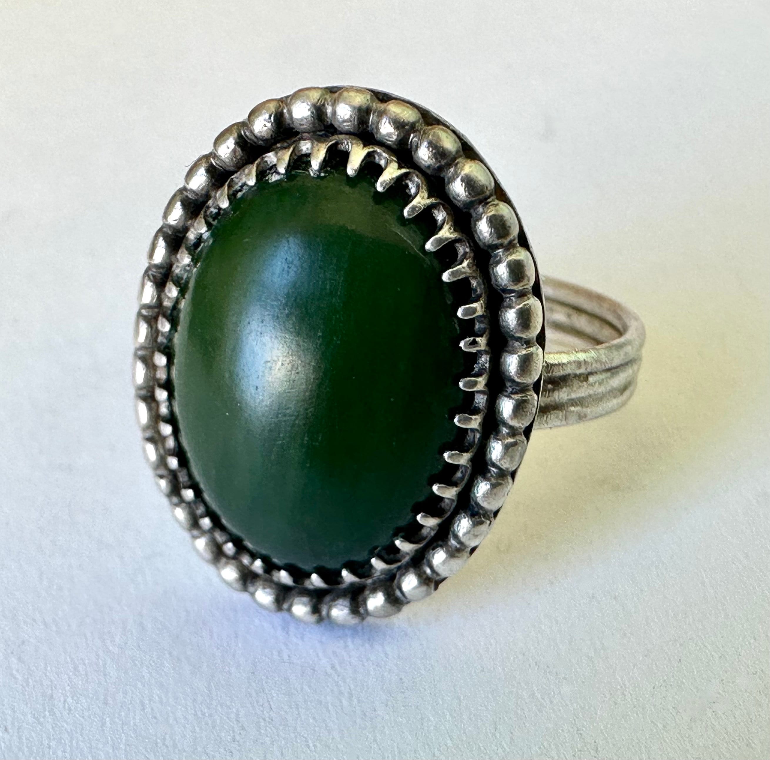 Vintage Sterling Green Stone Ring Large Sterling Silver
