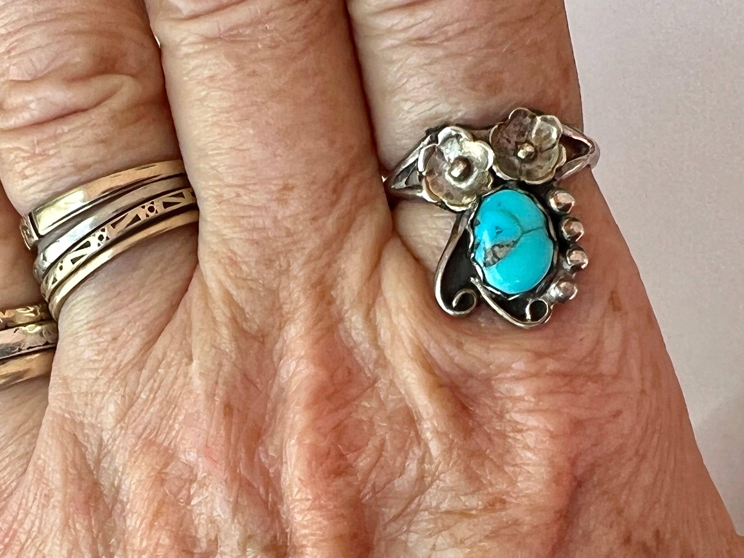 Vintage Sterling and Turquoise Two Flower Ring, Size 7 - Etsy