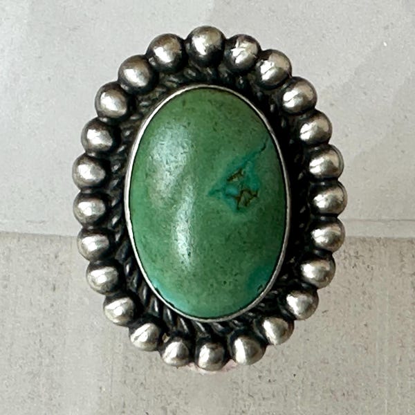 vintage sterling and green turquoise southwestern trading post ring, size 4.75