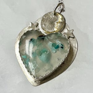 new celestial heart pendant with copper and chrysocolla in chalcedony