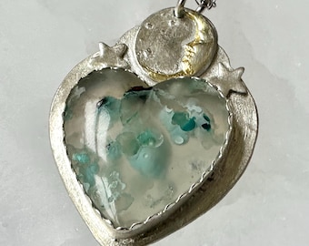 new celestial heart pendant with copper and chrysocolla in chalcedony