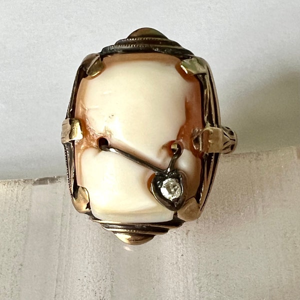 antique 18k gold cameo ring with white sapphire, size 5.5