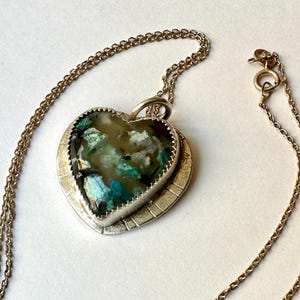 new sterling necklace with chrysocolla and copper in chalcedony heart