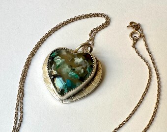 new sterling necklace with chrysocolla and copper in chalcedony heart