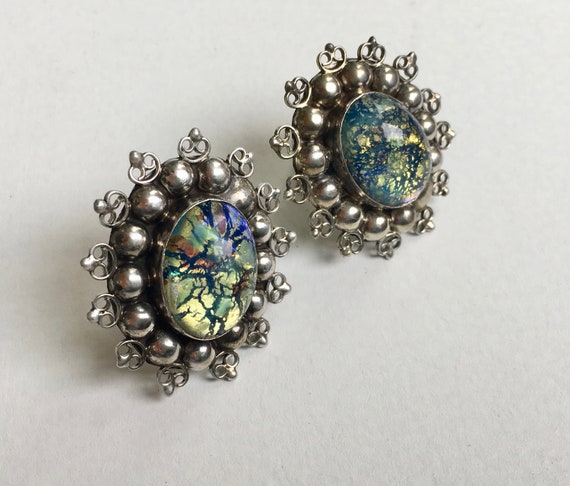 Vintage Earrings 30s Harlequin Glass Beads Bird Earrings Origami Earrings
