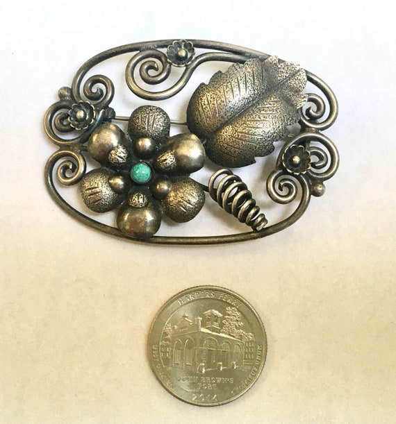 vintage sterling and turquoise Mexican flower bro… - image 6