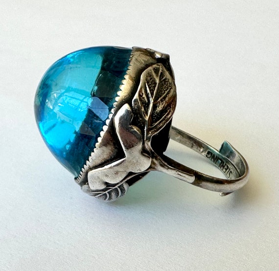vintage sterling and blue glass dome ring with le… - image 1