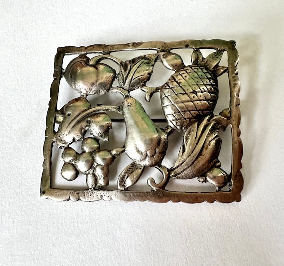 large vintage sterling rectangular fruit brooch - image 3