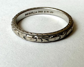 vintage 18k white gold and platinum floral band, size 5.75