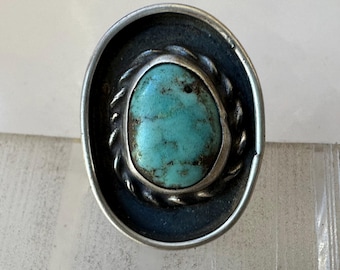 vintage southwestern silver and turquoise shadowbox ring, size 6.25