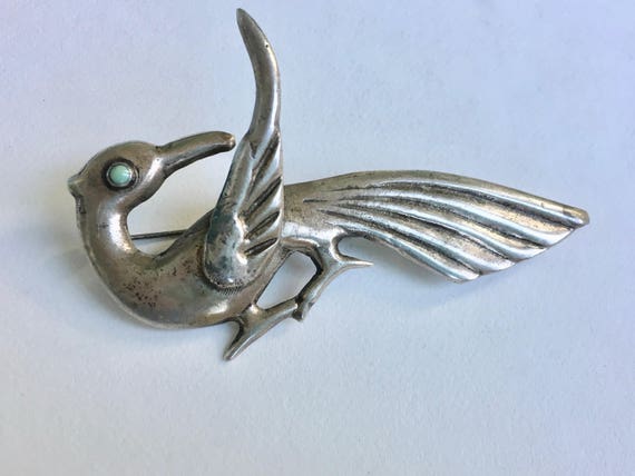 vintage Mexican bird brooch with turquoise eye - image 2