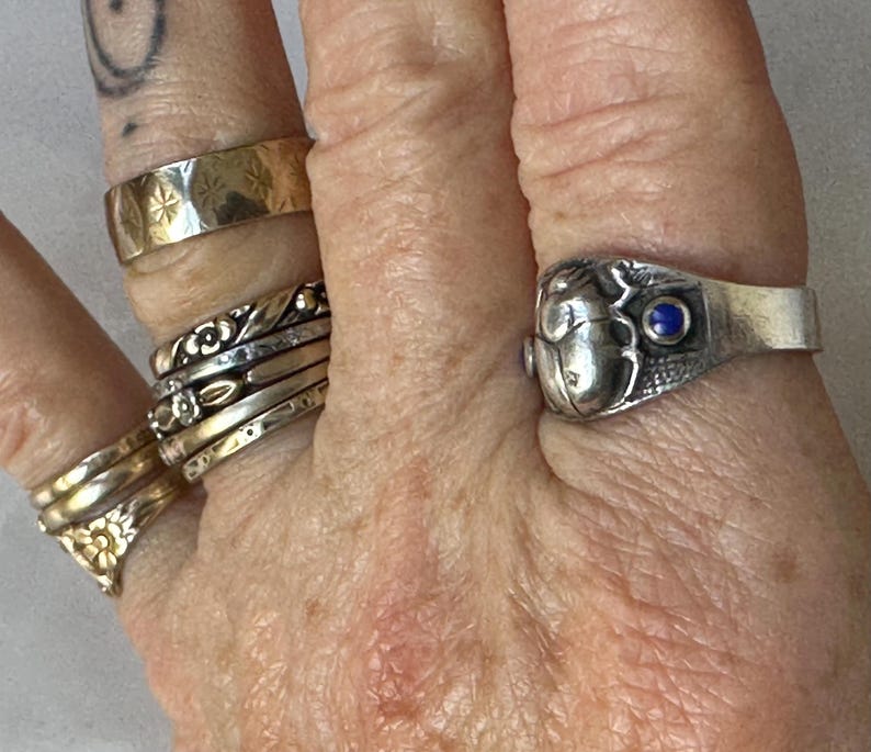 May include: A hand displays several rings, including a gold band with starburst engravings, and a silver ring with a scarab beetle design and a blue gemstone. Other rings include floral and twisted metal designs.