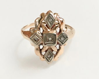 antique bicolor 10k gold diamond shield ring, size 6.25