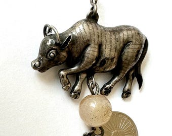 Old Chinese Silver Ox Pendant or Ornament With Stone Bead - Etsy