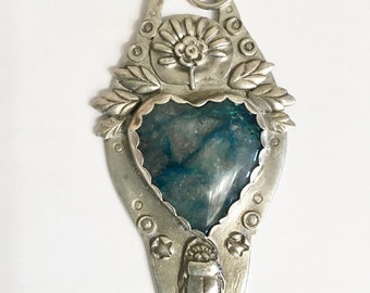 new sterling pendant with chrysocolla in quartz heart, and scarab