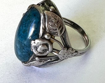 antique arts and crafts floral ring with blue stone, size 4.25-ish
