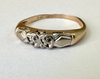 vintage 14k bicolor gold two heart diamond band, size 6