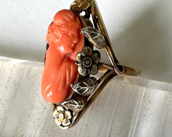 antique arts and crafts 14k gold and carved coral woman cameo ring, size 4.5-ish
