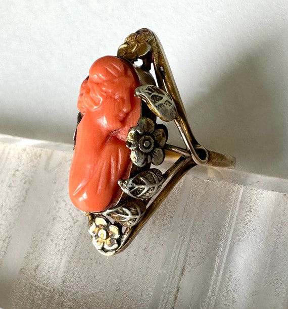antique arts and crafts 14k gold and carved coral 