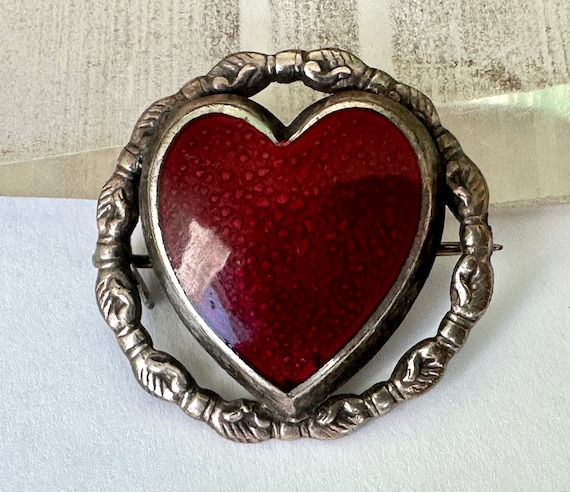 Edwardian sterling friendship heart brooch in red… - image 2