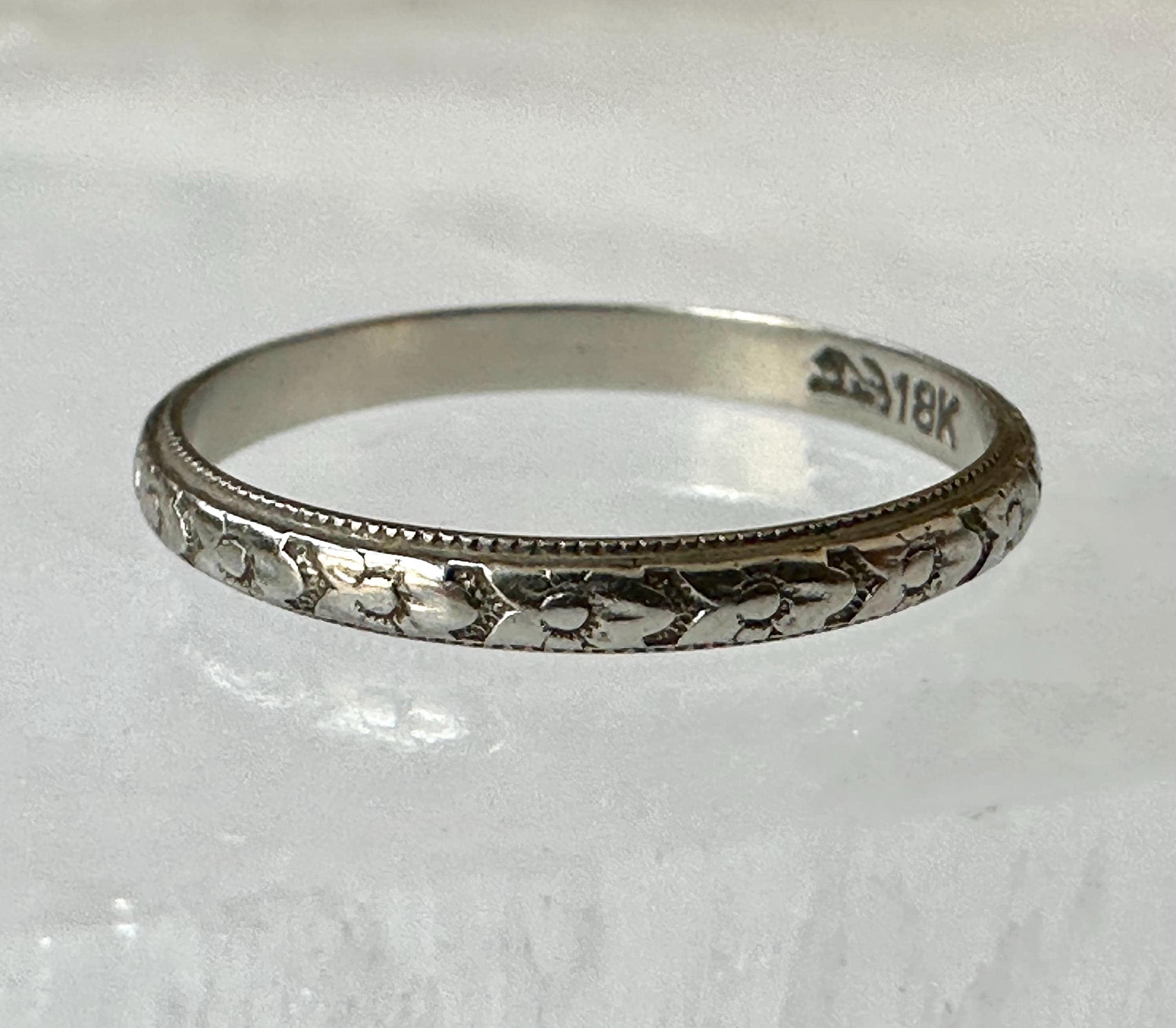 vintage 18k white gold orange blossom band, size 5.75