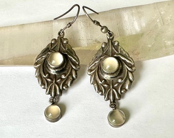 vintage sterling and faux moonstone repousse dangle earrings