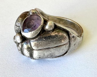 very vintage sterling two scarab two stone chunky ring, size 8.5