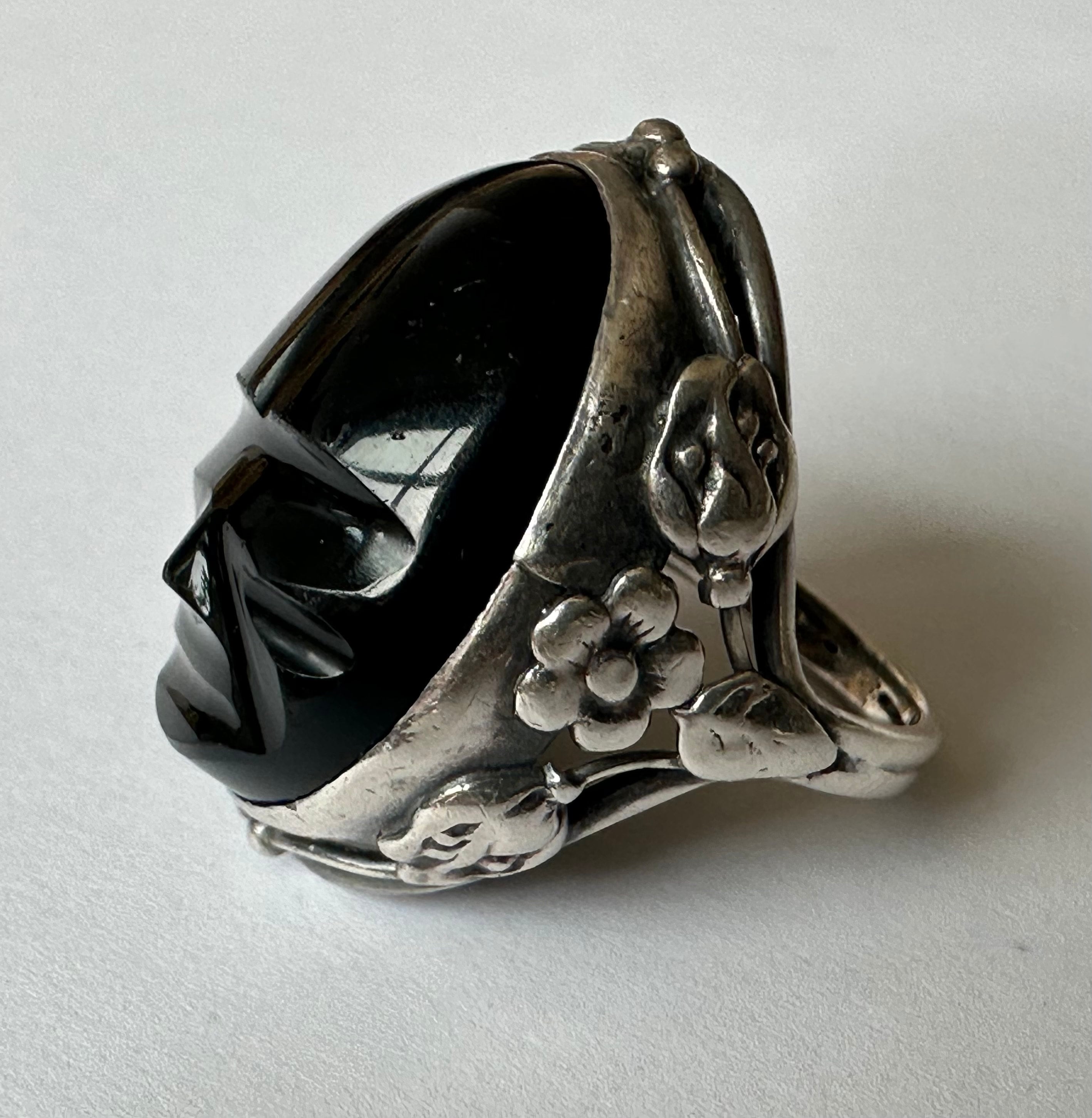 Vintage Sterling Black Stone Arts and Crafts Ring, Size 5.25