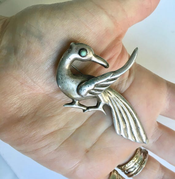 vintage Mexican bird brooch with turquoise eye - image 6