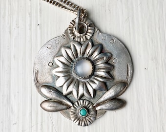 new moonstone and turquoise sterling flower pendant necklace