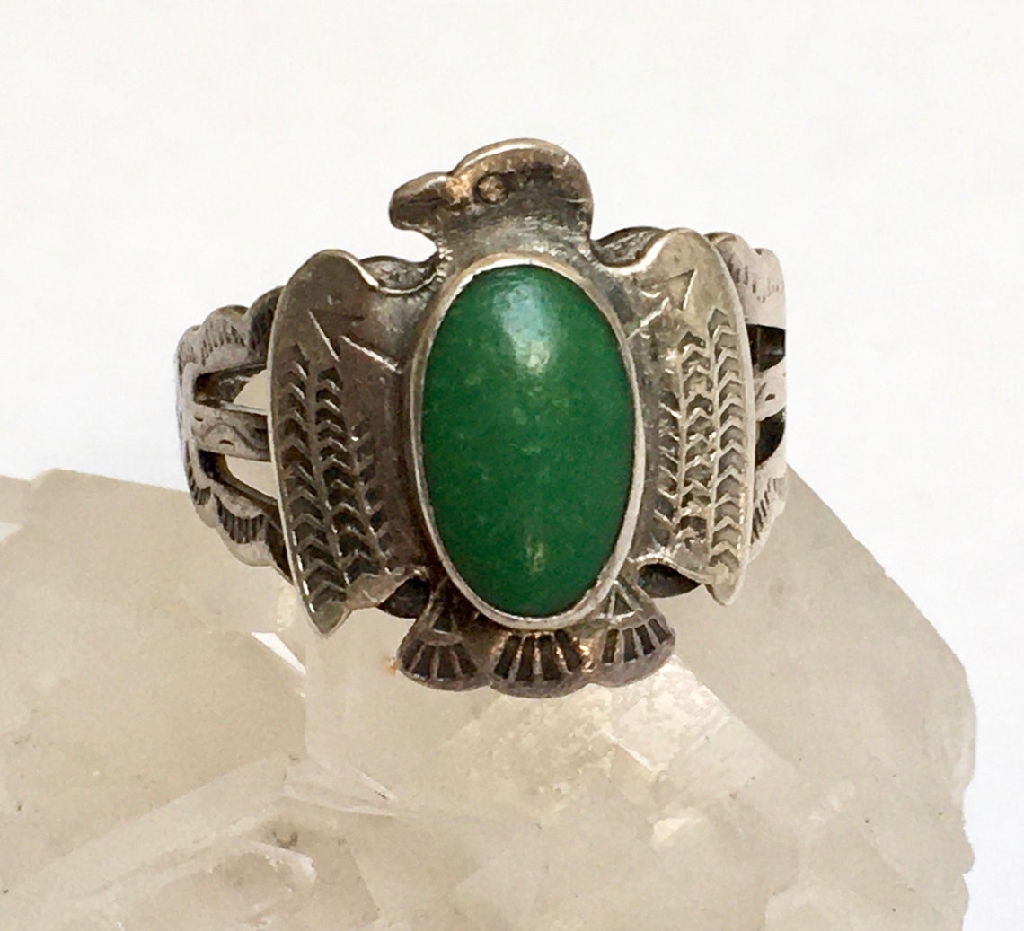 Vintage sterling and green turquoise thunderbird ring size | Etsy