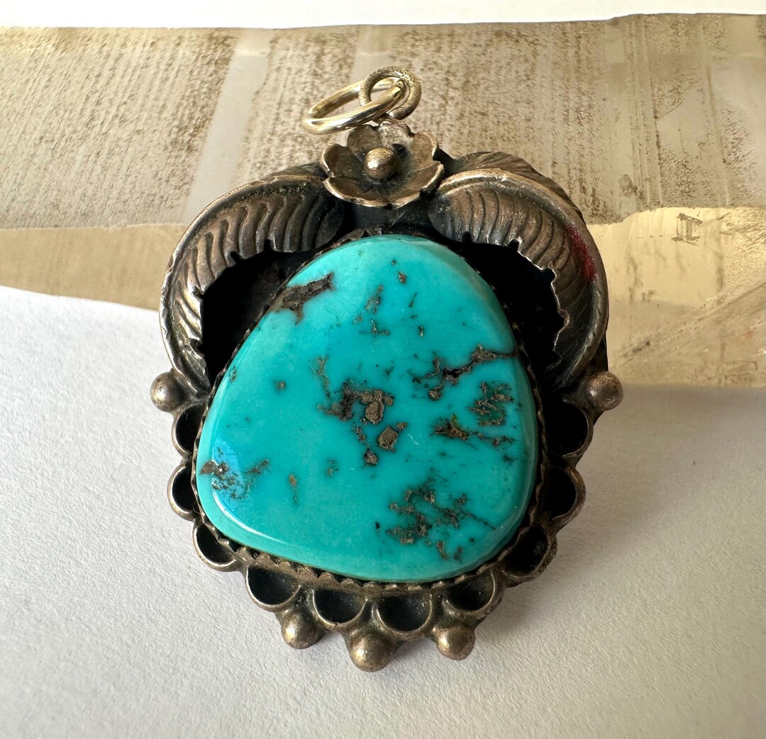 Pendentif Navajo Vintage Argent Sterling 925 Et Turquoise - Bijou Amérindien - 40x33mm