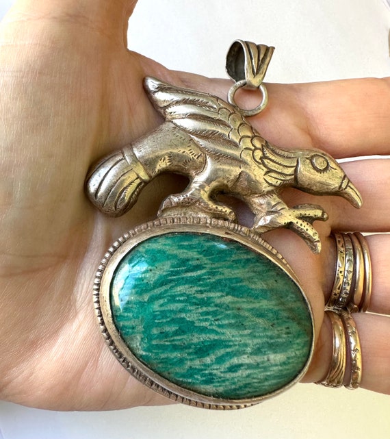 vintage Tibetan silver huge bird and amazonite pe… - image 8