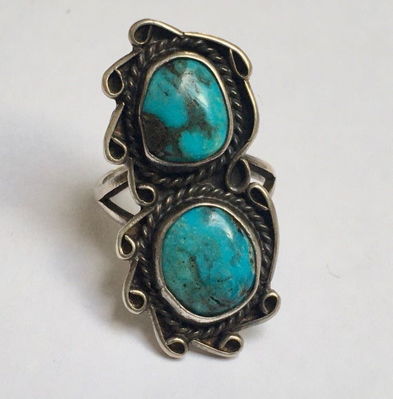 vintage Navajo two stone turquoise ring, size 5.75 - image 1