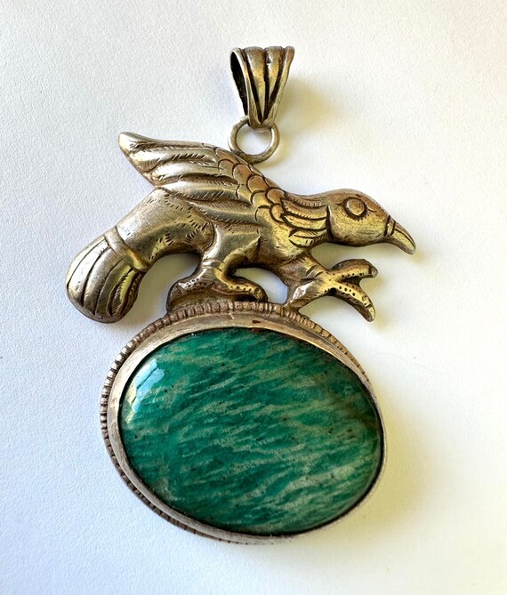 vintage Tibetan silver huge bird and amazonite pe… - image 2