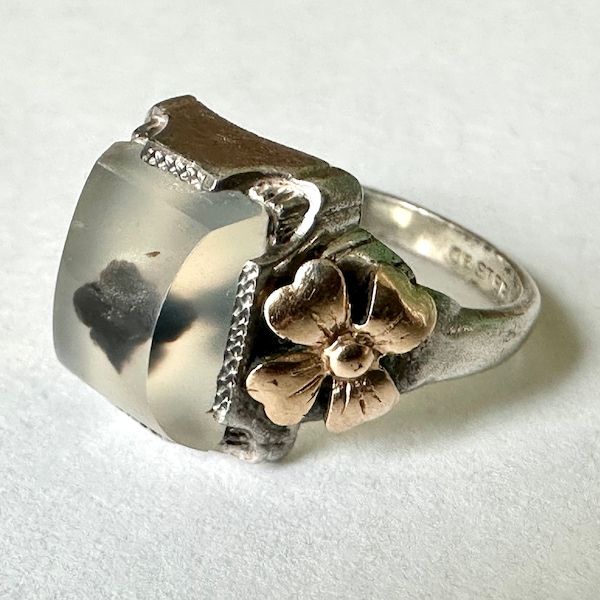vintage Ostby Barton dendritic agate ring in sterling with rolled gold, size 5-ish