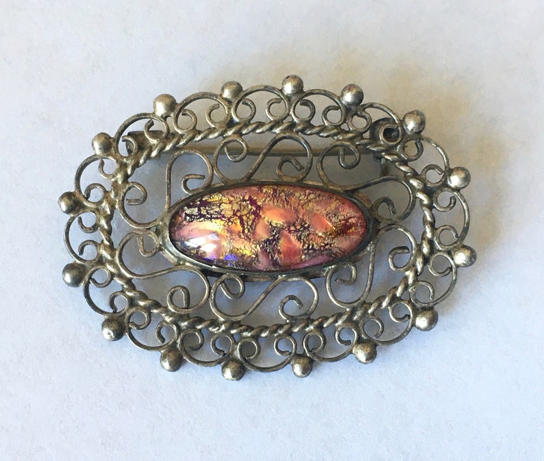 vintage foil opal Mexican sterling brooch