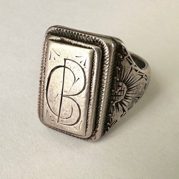 antique Victorian silver CB signet ring, size 11.5